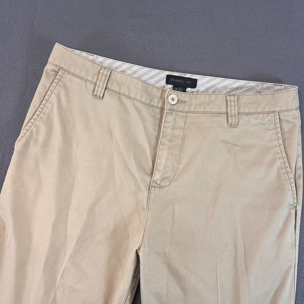 ONeill Khaki Pants Men Sz 34 X 32 Flat Front Tan Pants Cotton Poly Slash Pocket‎
